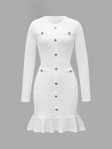 Unadoll Women's Spring Round Neck Winter Set, Faux Pocket, Button Decor, Elegant Dress, Suitable For Party, Date, Birthday, Gathering, Commute, Dinner, Valentine's Day And Other Occasions White - White - View 4