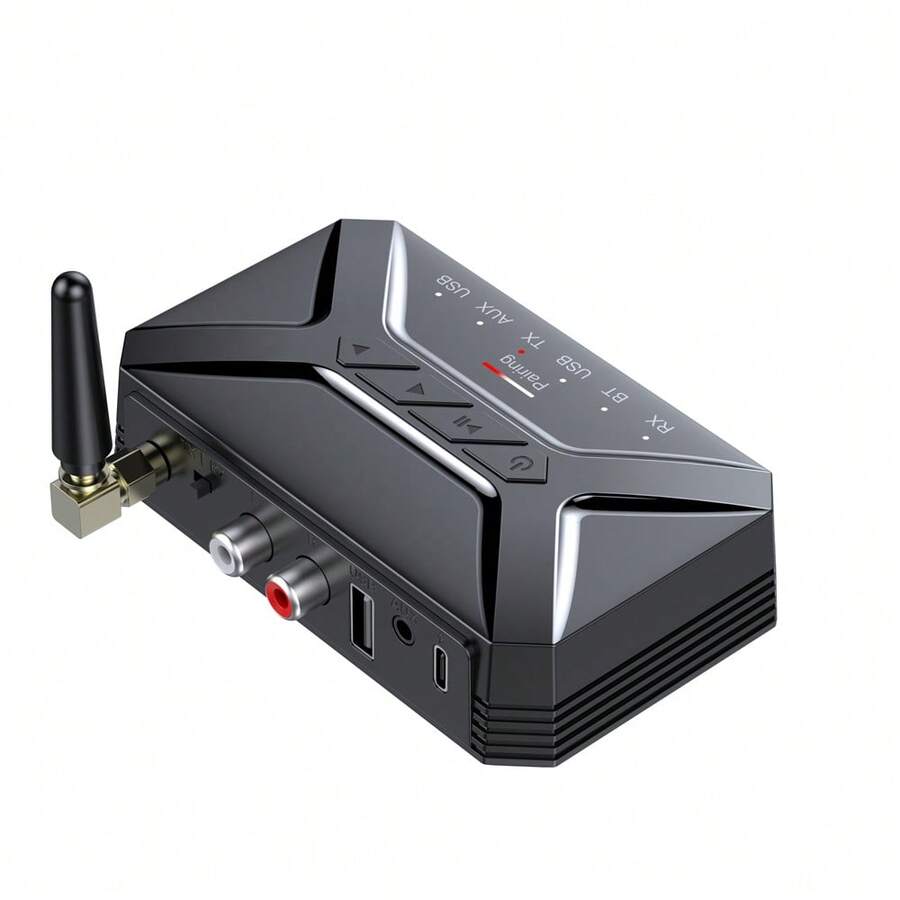 二合一无线音频发射器接收器,高清低延迟蓝牙V5.0适配器,支持3.5mm AUX接口、RCA接口和USB接口,适用于汽车音响、电视、电脑、耳机和音箱。 - 黑色 - 查看 1