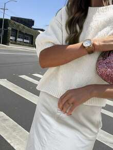 FOR BEAUTY 女士圆领短袖白色针织衫，新款宽松柔软舒适休闲套头衫，适合日常通勤，百搭时尚优雅简约针织上衣，春夏必备 - 牙白 - 查看 6