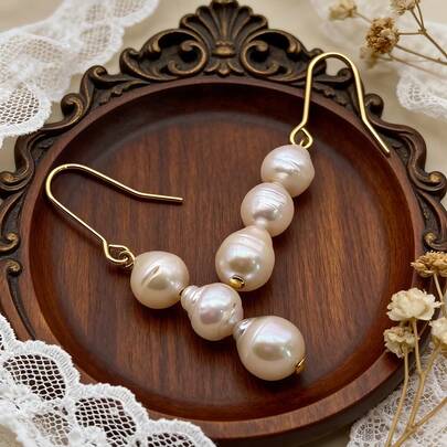 18K镀金复古法式巴洛克风格珍珠钩式耳环，高端水滴形耳环，适合职业女性和新娘佩戴
