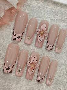 1Package/10Pcs Long Coffin Nails, Handmade 3D Floral Coffin Nails - Nude Apricot Base, Leopard Print Design, Long Custom Press On Nails Set - Camel - View 10