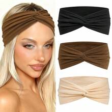 3 pièces Bandeaux croisés et noués de couleur unie pour femmes, accessoires capillaires d'été pour plage, vacances et voyages avec imprimés géométriques rayés colorés et léopard rétro - Multicolore - Voir 4