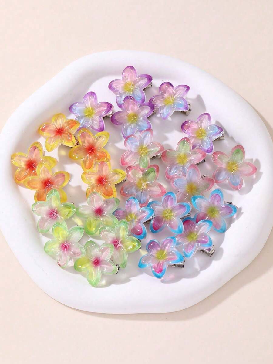 10/20个随机颜色鸡蛋花发夹套装，透明渐变鸡蛋花树脂发夹，侧刘海夹，适合日常、春季外出、购物。 - 彩色 - 查看 1
