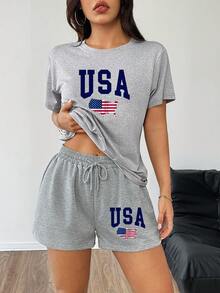 美国国旗美国地图印花睡衣套装 女式休闲两件套 短袖家居服睡衣套装 - 淺灰色 - 查看 2