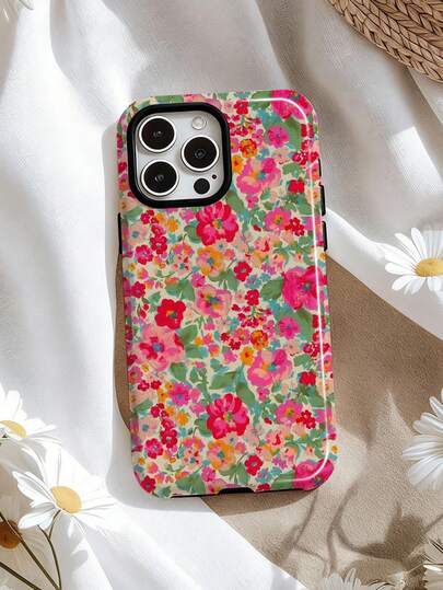 1pc Glossy Floral Graphic Retro Vintage Oil Painting Style 2-In-1 Protective Phone Case, Compatible With Samsung/ Compatible With IPhone 11/12/13/14/15/16/17 Pro Max