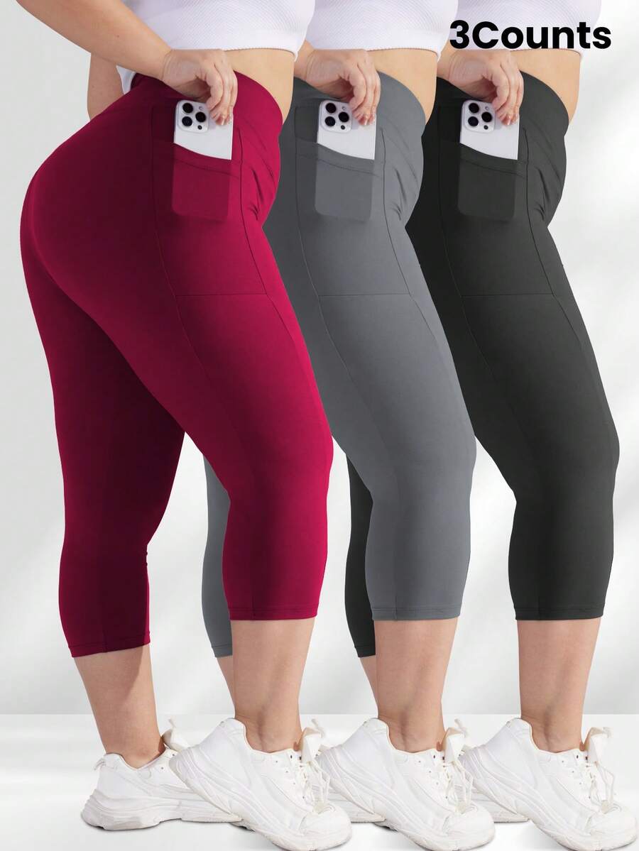 3 Packs Capris For Women With Pockets High Waist Cropped Trousers Yoga Pants  Running Active 3/4 Length Leggings For Workout Exercise & Fitness Plus Size Black Dark Gray Wine Red Combo Buttery Soft Spring Summer - 1黑1深灰1酒紅 - 查看 1