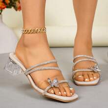 Women's New Fashion High Heel Square Toe Sandals, Butterfly Elegant Vacation Style, Sexy Open Toe Outdoor Wear, Suitable For All Seasons - White - View 1