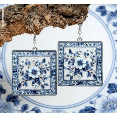 Vintage Blue And White Porcelain Floral Dangle Earrings, 2D Flat Acrylic Chinoiserie Square Drop Earrings For Women, Daily Wear Vacation Party Fashion Ear Accessories Gift