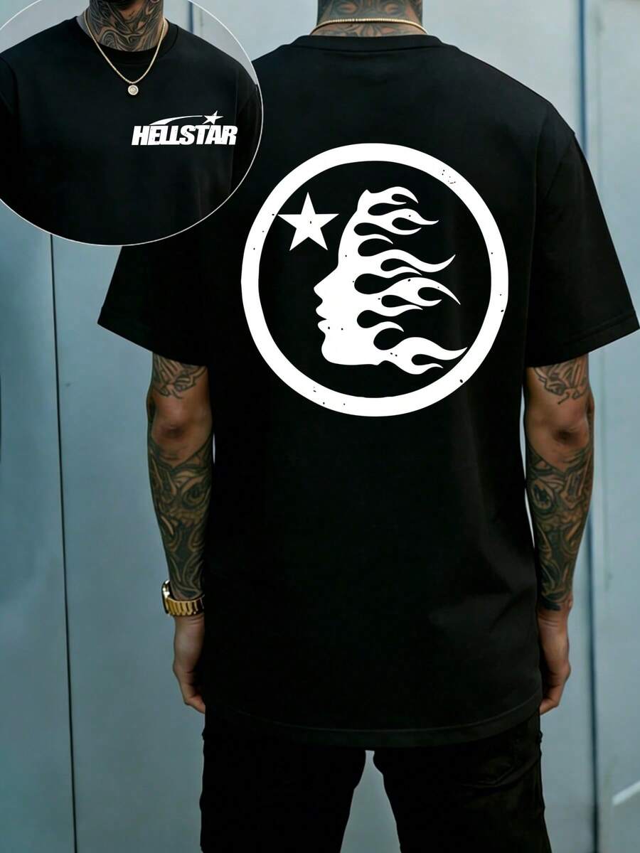 Hellstars Minimalist Fire Hair Logo Vintage T-Shirt Double Sided Printed (220g 100% Cotton T-Shirt),Summer Clothes, Men's Tops, Casual And Comfortable, Fashionable Graphic Tee, Unisex Style - 黑色 - 查看 1