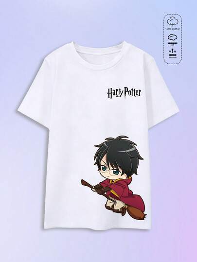 Elourie SHEIN X Harry Potter Camiseta holgada de manga corta con cuello redondo de color liso para mujer, top 100 % algodón, camiseta blanca con estampado de niño montando en escoba versión Q, ropa informal de primavera/verano para mujer, ropa de calle, vacaciones, Verano Mujer, Mujer, Curve, Ropa Curvy Mujer, Sudadera Mujer Talla Grande, Amigos, Curve, Vacaciones, Casual, Oficina/Salón/Casa/Deportes al aire libre/Estilo retro/Simple, Diseño divertido, Todas las estaciones, Patrones de películas y anime, Adolescentes, Unisex, Estilo de pareja, Película retro de los 80, Retro de los 90/Y2K, Vacaciones