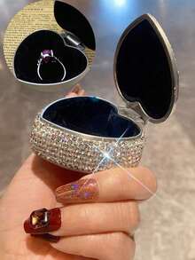 1pc Mini Jewelry Box, Exquisite Sparkling Artificial Diamond Makeup Pad Ring Bracelet Earring Storage Box, Delicate & Compact, Ideal Gift Choice - Silver - View 5