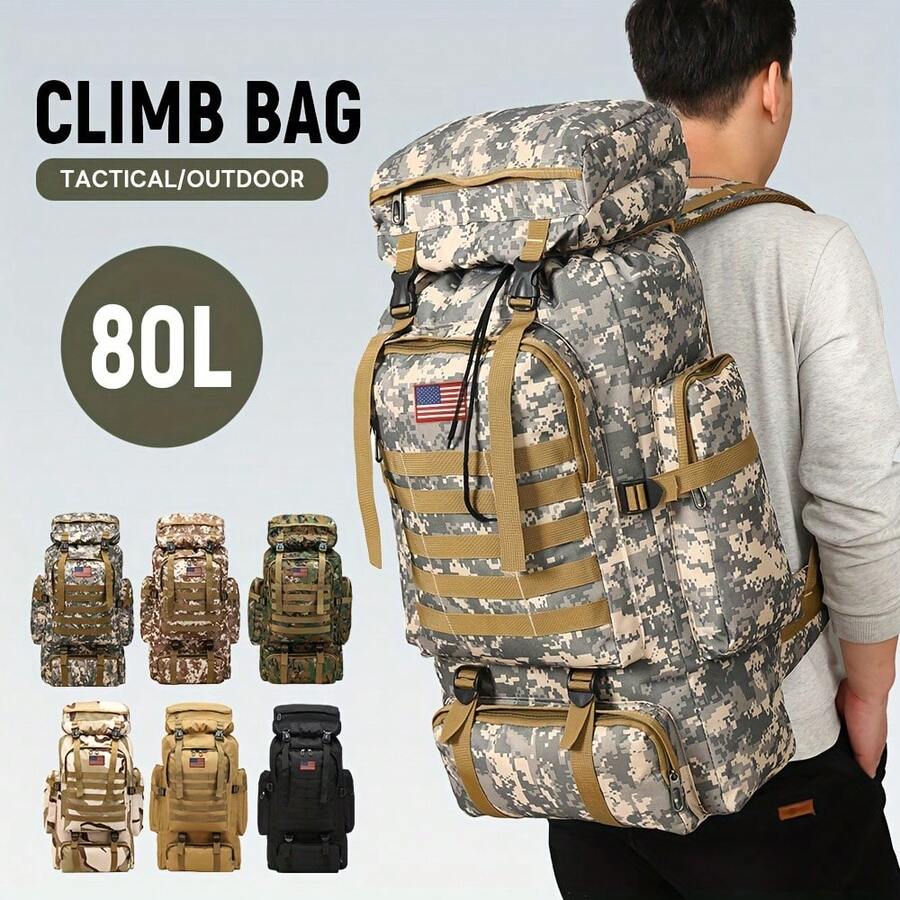 Outdoor Camping And Hiking Backpack - Khaki - View 1