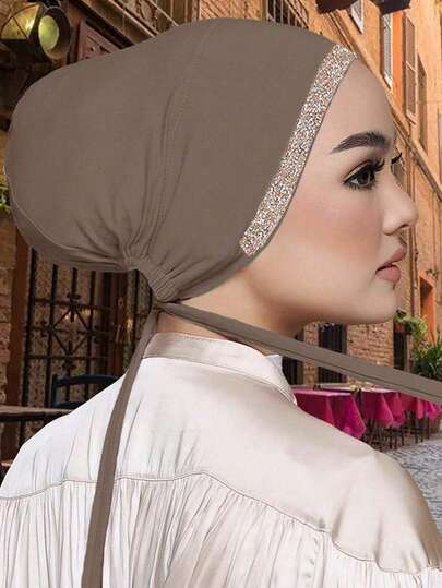 1 pieza Gorro musulmán de mujer con unicolor y diamantes de imitación, pañuelo de cabeza versátil y de moda, adecuado para uso diario