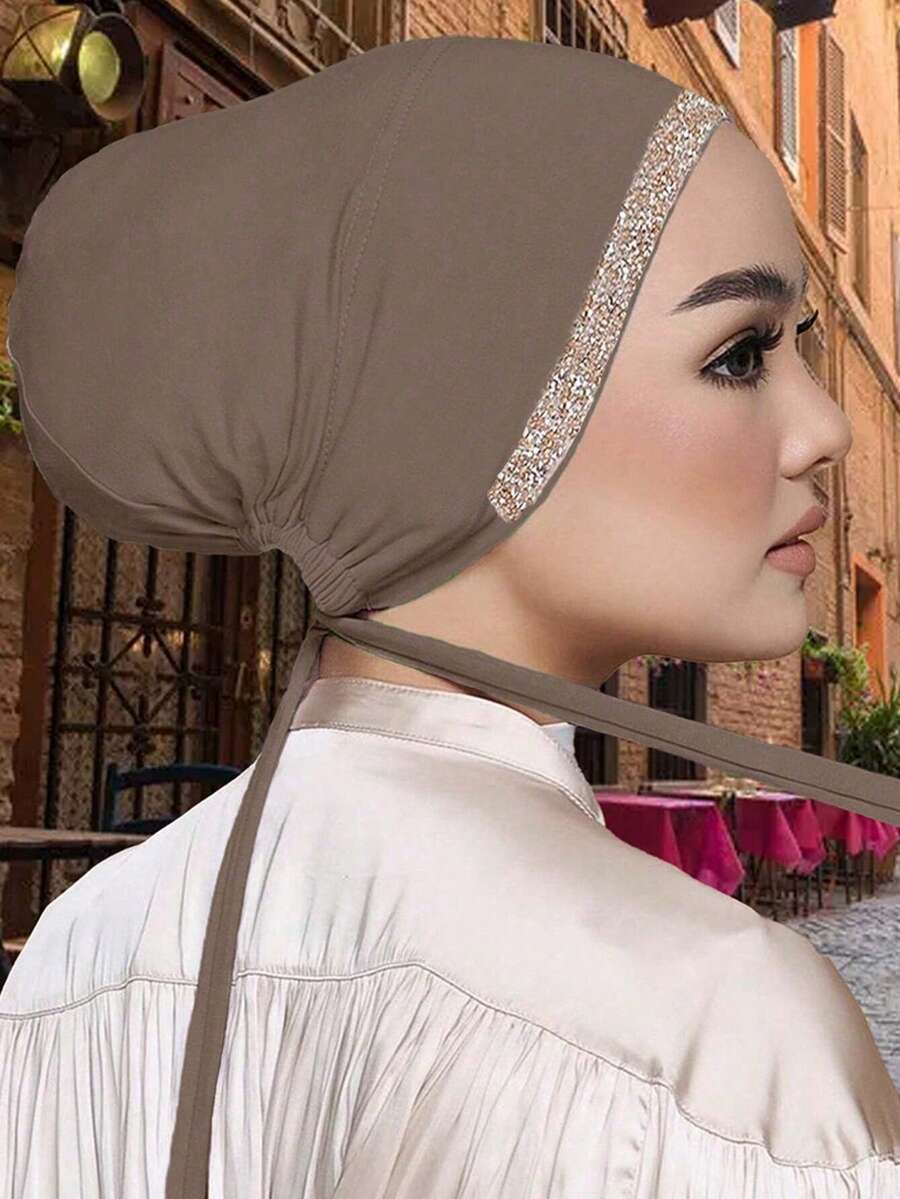 1 pièce Casquette à attache femme mode couleur unie avec strass, foulard polyvalent à la mode, cache-tête, convient pour le port quotidien, la plage, les vacances, les accessoires, les essentiels de voyage - 14-Kaki foncé - Voir 1