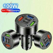 5 piezas Cargador de coche de 100W con 3 puertos USB y 2 puertos USB-C, carga rápida PD y QC3.0, adaptador de carga de teléfono móvil USB-C compatible con iPhone - multicolor - Ver 2