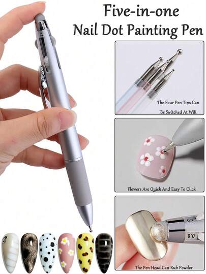 5-In-1 Nail Art Dotting Pen, Pressure Sensitive Dotting Tool For Gradient, Striping, Dotting, Glitter Nail Art, Multi-Functional DIY Nail Art Tool Suitable For Beginners And Professionals