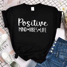 Positive Mind Vibes Life Letter Print T Shirt Women Short Sleeve O Neck Loose Tshirt Women Tee Shirt Tops Camisetas Mujer - 黑色 - 查看 1