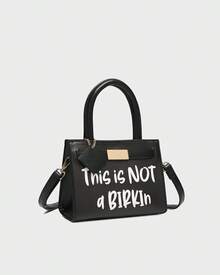 Tote&Carry Women's Y2K Baddie Sassy Letter Print Mini Tote Bag, Vibrant Black PU Leather Crossbody Top Handle Purse, This Is Not A Birkin Ironic Luxury Parody Statement Handbag For Spring Festival Concert Party - màu đen - Xem 3