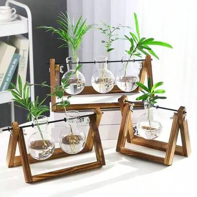 Creative Hydroponic Plant Transparent Wooden Frame Vase Desktop Small Fresh Container Living Room Office Desk Modern Decoration Ornament, Ornament Green Ivy Creative