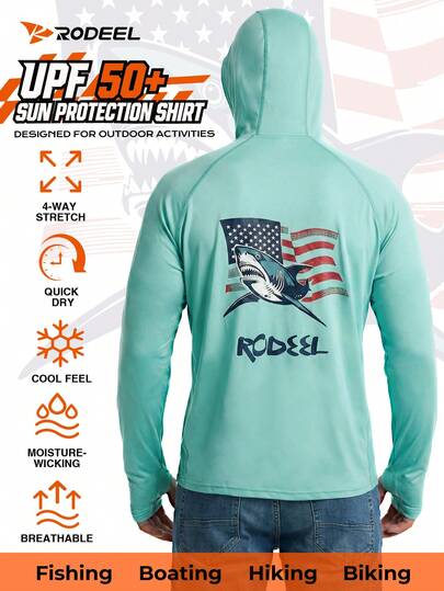 RODEEL 男士户外连帽卫衣，带面罩和颈部防护，拇指孔，长袖，动物纹印花设计，柔软轻便，四向弹力，适合钓鱼、划船、徒步旅行、屋顶作业、建筑施工、园艺和其他户外活动。