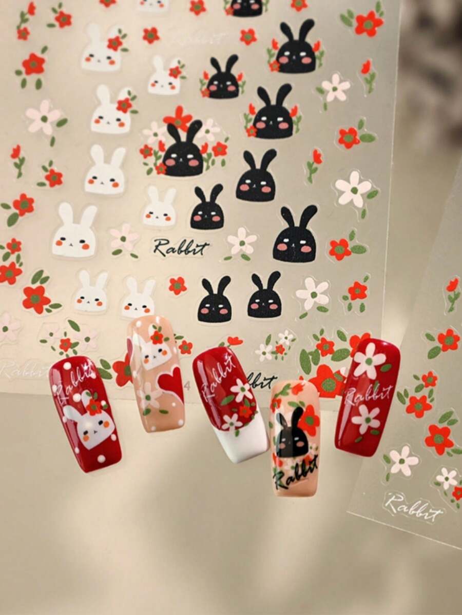 1pc Spring Cute Rabbit Nail Stickers, Retro Pastoral Rabbit & Flower ...