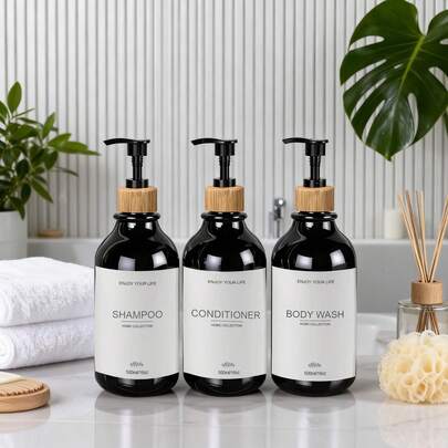 Set de 3 dispensadores de champú de 500ml con etiquetas, adecuado para almacenar gel de ducha, champú, loción en el baño, también se puede usar como decoración del hogar, ideal para el baño, el otoño y la temporada de regreso a la escuela