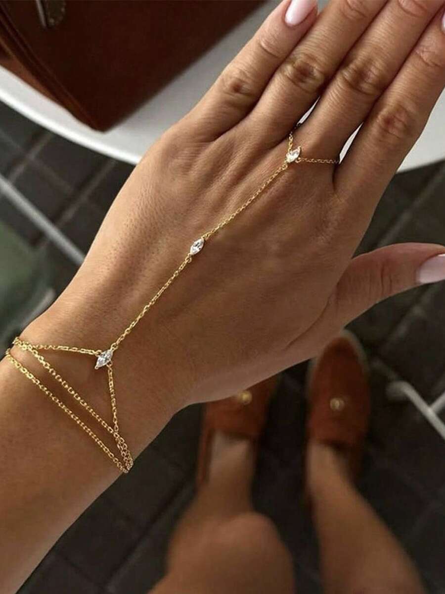Elegant Cubic Zirconia Connected Finger Chain Bracelet, Multilayer Stacking Bracelet Suitable For Women's Daily Wear, Dates, Parties, Banquets - Yellow Gold - View 1