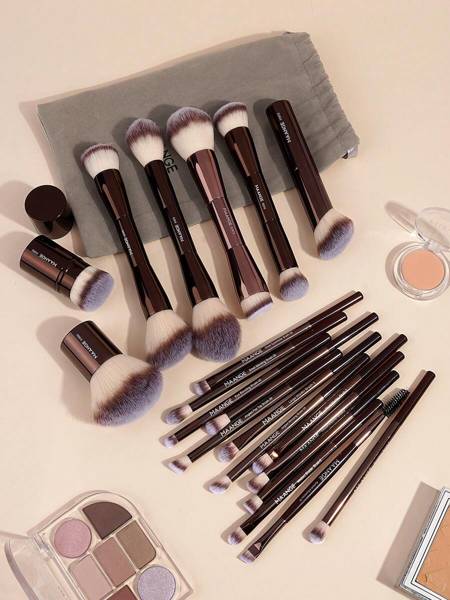MAANGE 20pcs Professional Makeup Brush Set With Velvet Bag, Makeup Tools With Soft Brush Hair For Easy Carrying, Foundation Brush ,Eye Shadow Brush, Blending Brush, Eyebrow Brush, Brush Set For Travel,Travel,Travel Essential,Valentine's Day,Cheap,Travel Makeup Brush,Gifts For Women,Makeup Artist,Professional Complete Makeup Kit - 咖啡棕 - 查看 1