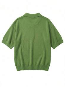 纯色简约绿色女士针织Polo领套头毛衣，百搭优雅休闲通勤度假短袖夏季 - 綠色 - 查看 6