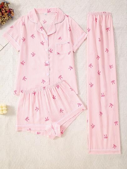 Conjunto de 3 piezas de pijama para mujer con estampado de rayas y lazo, de frente abierto y efecto arrugado