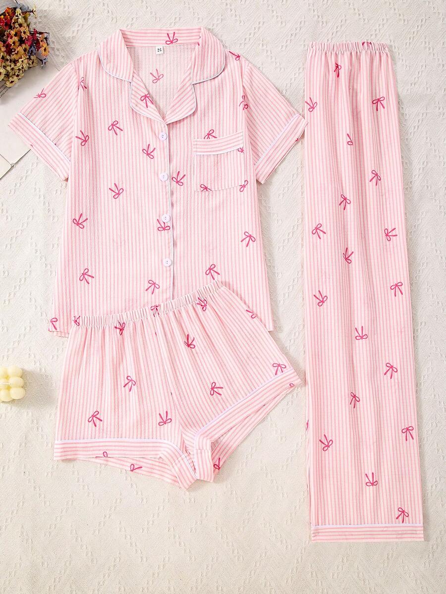 3pcs Women Bubble Crinkle Striped Bow Print Open Front Pajama Set - Baby Pink - View 1