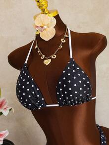 European And American Fashion Black & White Polka Dot Halter Neck Printed 3-Piece Bikini Set, Women Casual Cute Elegant Sexy Bohemian Summer - Black and White - View 3