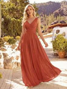 EVERPRETTY 褶邊後拉鏈雪紡伴娘連衣裙 - 亮橙色 - 查看 10