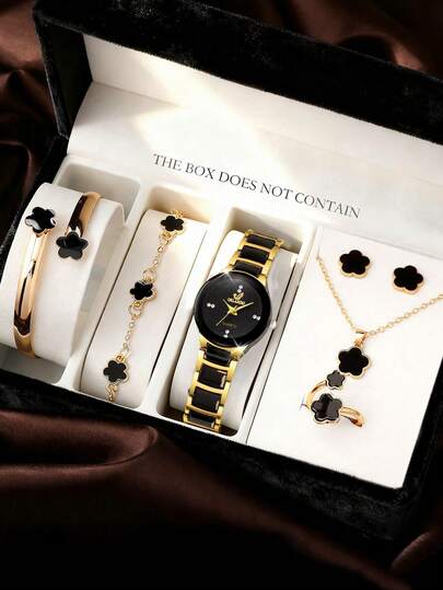 7pcs Black Starry Sky Text Quartz Digital Watch Set With 6pcs Lucky Flower Necklace Bracelet Ring Earring Jewelry Set, Suitable For Holidays, Parties, Weddings, Daily Wear, Also Great For Valentine's Day, Easter, Mother's Day Gifts