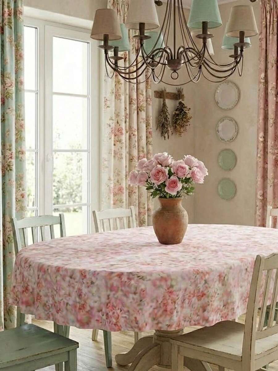 Oval Pink Floral Tablecloth, Custom Size & S1HApe Spring Easter Table Cloth, Farmhouse DE1cor1PC Waterproof, Stain-Resistant, Thickened, Reusable Tablecloth Is Ideal For Summer, Home, Kitchen, And Restaurant Parties, And Also Makes A Lovely Gift. Machine-Woven Rectangular Tablecloth, Party Tablecloth, Floral Tablecloth, Polyester Tablecloth. - 白色 - 查看 1