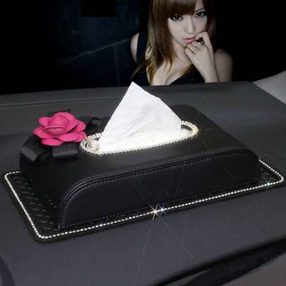 صندوق مناديل السيارة بشكل زهرة الماس، حامل مناديل مربع من الجلد البلوري للسيارة والمنزل ومكتب الديكور