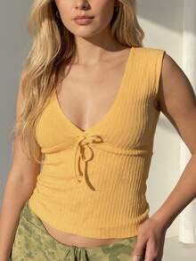 女士时尚深V领无袖罗纹针织上衣，前系带，常规长度 - 黃色 - 查看 5