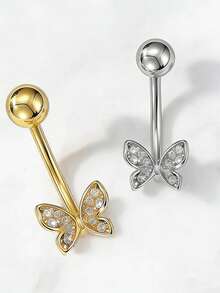 1pc Dual Butterfly Flutter Gold/Silver Navel Ring Belly Button Nail Body Jewelry - Butterfly - View 5