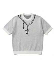 Camiseta de manga corta suelta y casual con diseño de jacquard de cruz, primavera/verano - Blanco - Ver 4