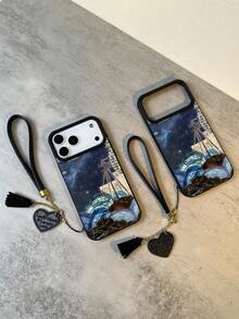 1件装 时尚新款个性化复古波浪摇滚航海图案荔枝纹理防摔防滑软手机壳+心形挂绳，兼容苹果手机 - 彩色 - 查看 3