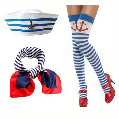 PESENAR Sailor Party Costume Set - Striped Hat, Striped Scarf, Striped Socks, Party Dress Up Accessories