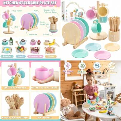 ZgvrssdGAGAKU Wooden Play Dishes Set -27Pcs Montessori Play Kitchen Accessories Plates And Bowls Set Storage Stand Play Food Pretend Cooking Toys For Ages 3-5 Educational Gift For Toddlerbrfsdfe