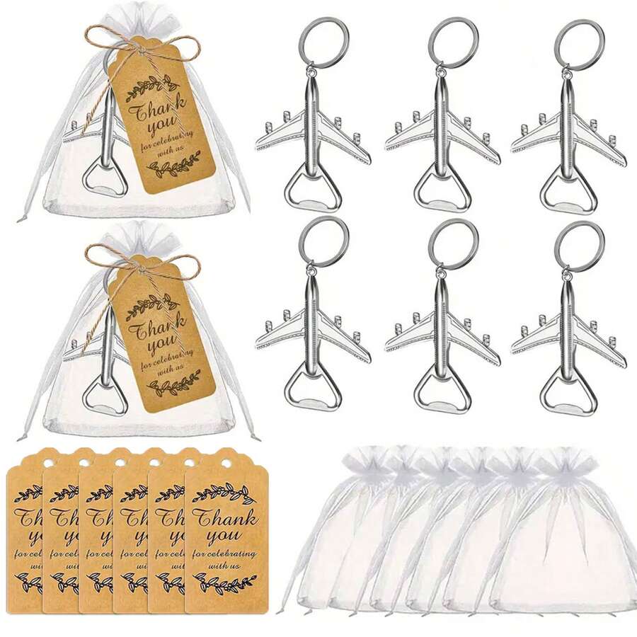 8/5/1创意飞机造型开瓶器钥匙扣套装，包含一个简易开瓶器、一个礼品袋和一张感谢卡，非常适合赠送给家人朋友、婚礼祝福等。 - 查看 1