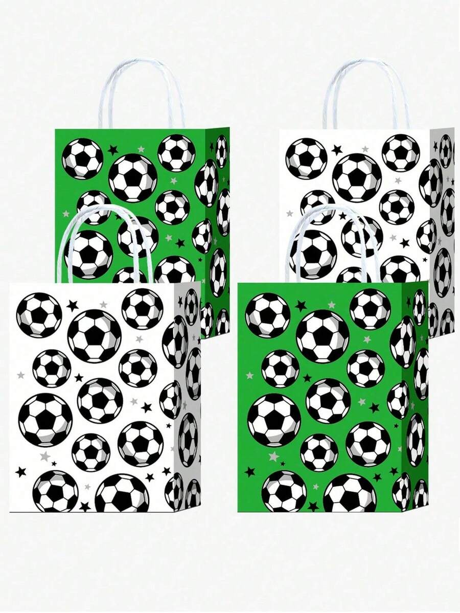 4 bolsas de regalo con temática de fútbol, diseño con patrón de fútbol, bolsas de regalo de papel con asas para fiestas de fútbol, fiestas de cumpleaños y otras ocasiones, decoraciones de fiesta perfectas - Talla única - Ver 1
