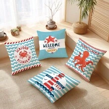 4件套夏季海洋航海灯塔螃蟹章鱼卡通图案抱枕套，单面柔软桃皮绒材质，45*45厘米枕套，适合房间装饰、室内沙发客厅装饰、派对装饰，装饰抱枕套礼品 - 彩色 - 查看 6