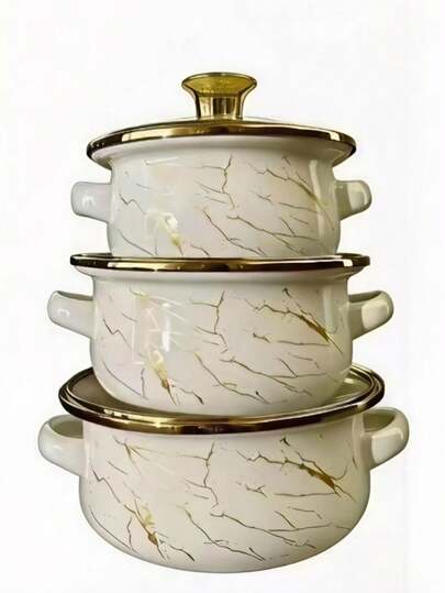 Juego de 3 piezas de ollas con revestimiento esmaltado multicolor y ribete dorado, que incluye olla pequeña para leche, olla para fideos y olla para sopa, adecuado para comida de niños, cocina de inducción y de gas, juego de utensilios de cocina esmaltados miniatura para el hogar