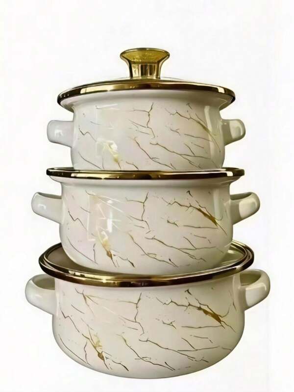 Set de 3 cratițe emailate multicolore cu ornamente aurii, inclusiv oală mică pentru lapte, oală pentru tăiței, oală pentru supă, potrivită pentru mâncarea copiilor, aragaz cu inducție și gaz, set de vase mini emailate de uz casnic