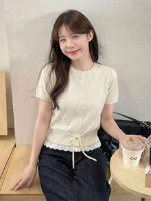 Grey Knit Cardigan Short Sleeve Women Slim Fit Collegiate Style Summer Round Neck Lace Patchwork Thin Top With Drawstring Hem - Apricot - View 4