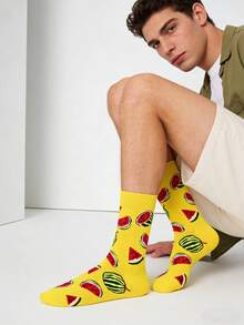 1双男士黄色底西瓜图案中筒袜，四季皆宜。 - 彩色 - 查看 6