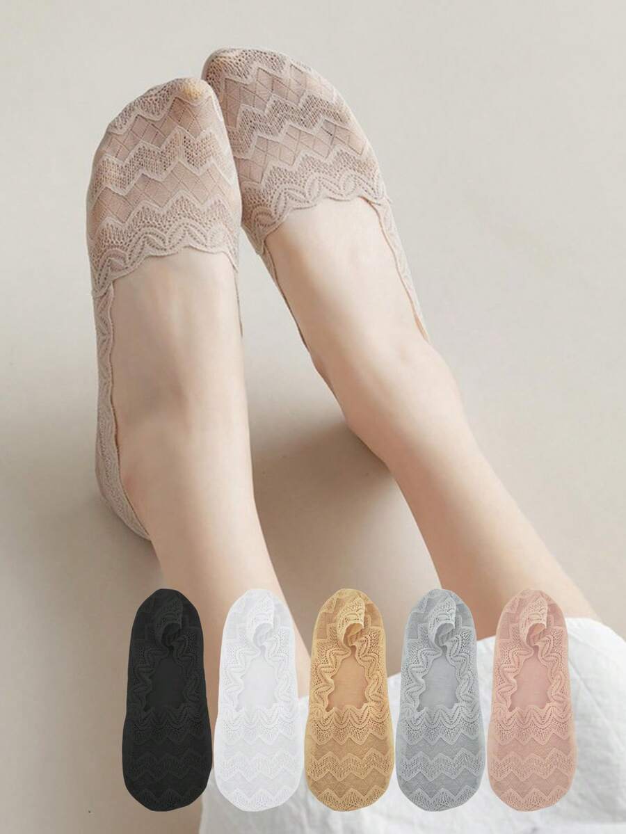 1/5/10双装 女士春夏时尚菱形薄蕾丝防滑不脱落吸汗透气隐形袜 - 彩色 - 查看 1